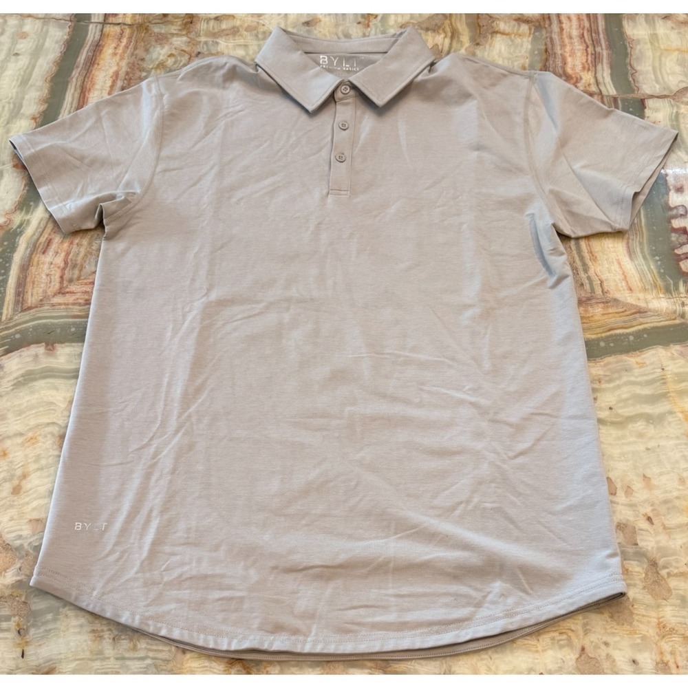 BYLT Premium Basics Mens Polo Shirt Gray Lux Short Sleeve Curved Hem Size Large